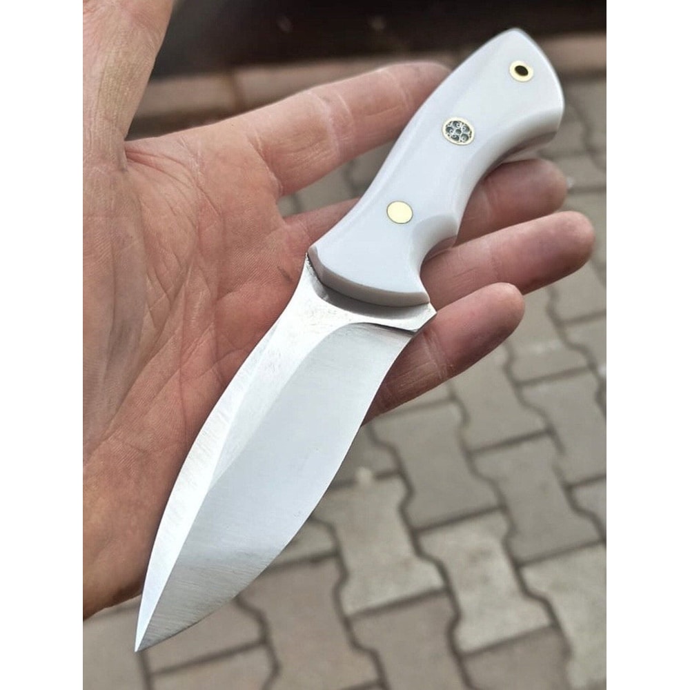 Hunting Knife 1075 Carbon Steel Blacksmith Made EDC Camping Knife White Corian Handle 1