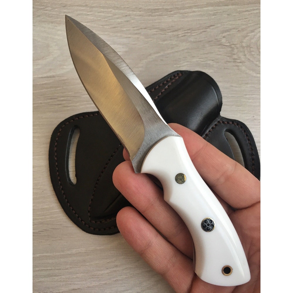 Hunting Knife 1075 Carbon Steel Blacksmith Made EDC Camping Knife White Corian Handle 4