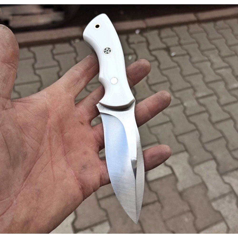 Hunting Knife 1075 Carbon Steel Blacksmith Made EDC Camping Knife White Corian Handle 6