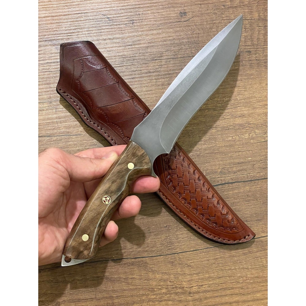 Hunting Knife 1075 Carbon Steel Heavy Duty Full Tang Survival Knife Walnut Wood Handle 8
