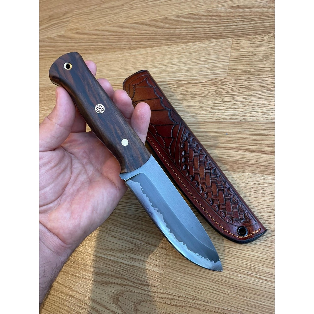 Hunting Knife 1075 Carbon Steel Acid Darkened Blade Full Tang Walnut Wood Handle 0