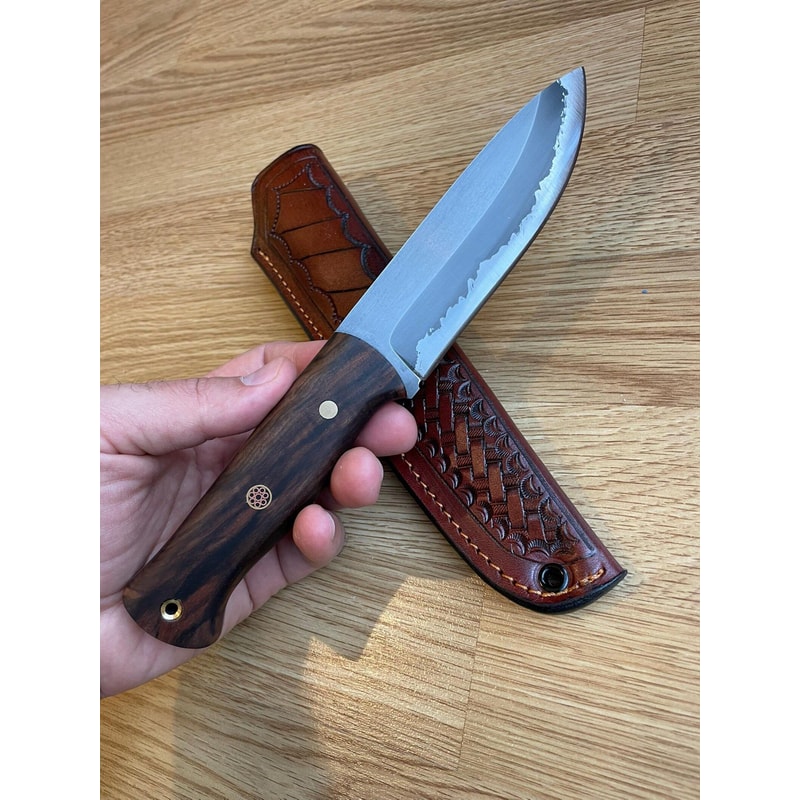 Hunting Knife 1075 Carbon Steel Acid Darkened Blade Full Tang Walnut Wood Handle 1