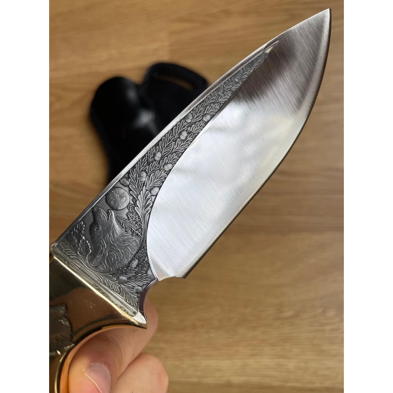 Hunting Knife 1075 Carbon Steel Wolf Engraved Blade Ebony Wood Handle Brass Bolsters 6