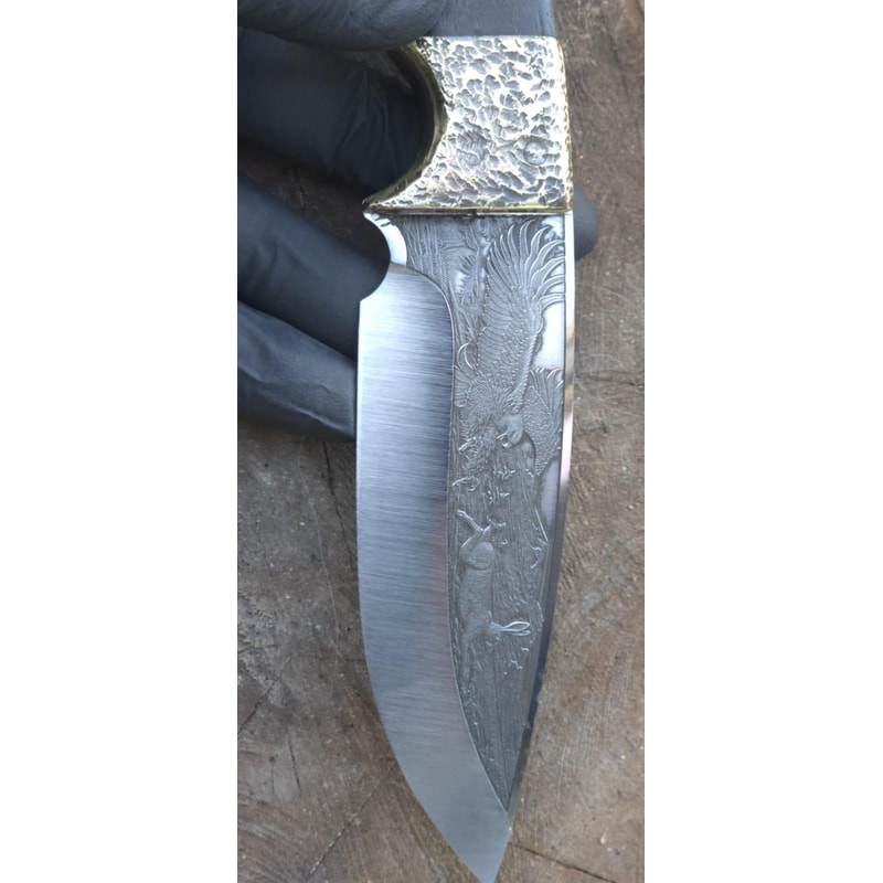 Handmade 1075 Steel Hunting Knife Eagle Engraved Ebony Wood Survival Blade 1