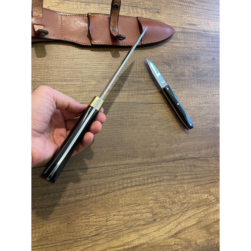 Chef Knife Set N690 Steel Black Compact Handle Kitchen Cooking Knives With Double Leather Sheaths 5