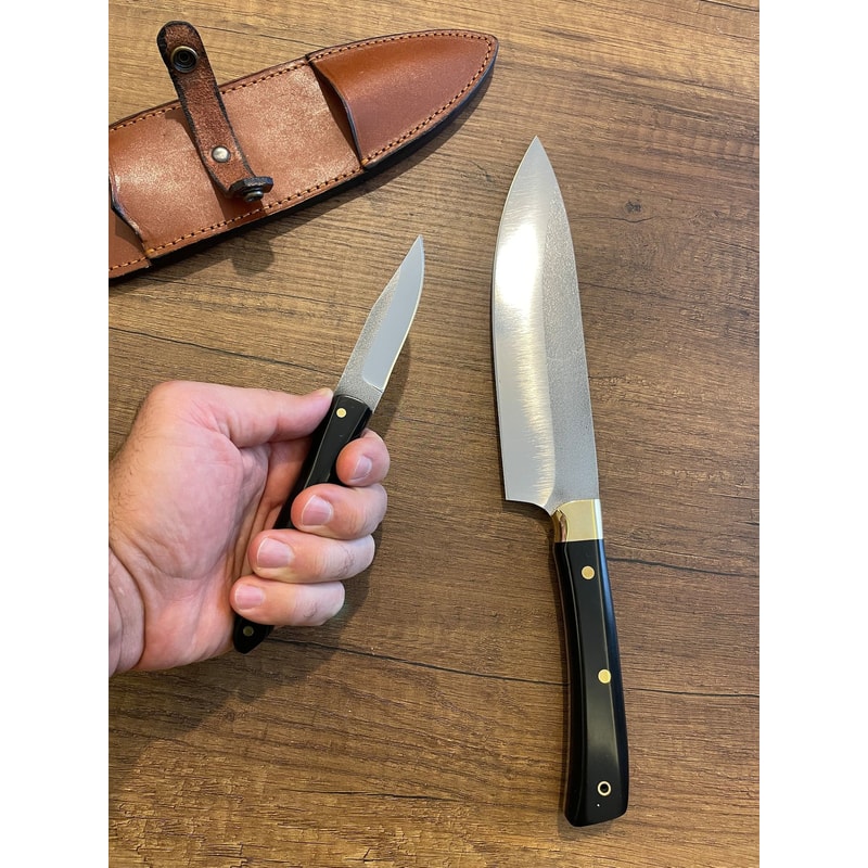 Chef Knife Set N690 Steel Black Compact Handle Kitchen Cooking Knives With Double Leather Sheaths 1