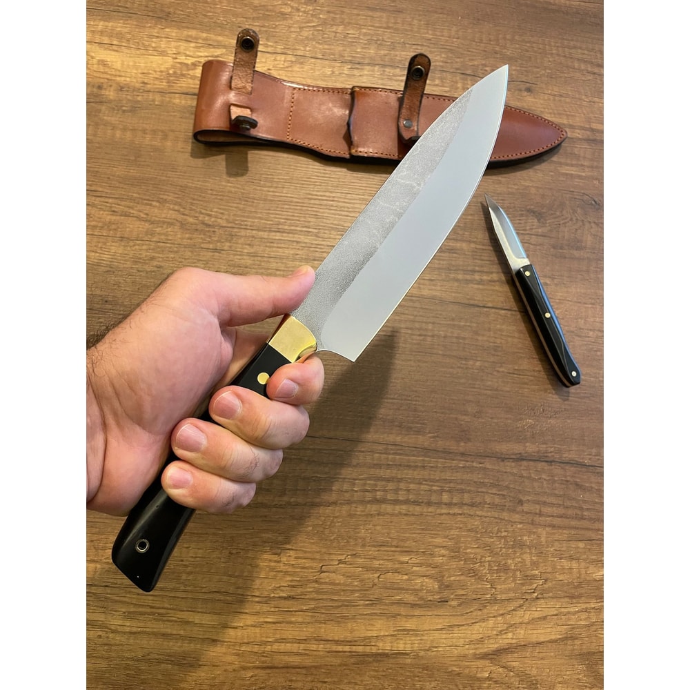 Chef Knife Set N690 Steel Black Compact Handle Kitchen Cooking Knives With Double Leather Sheaths 9