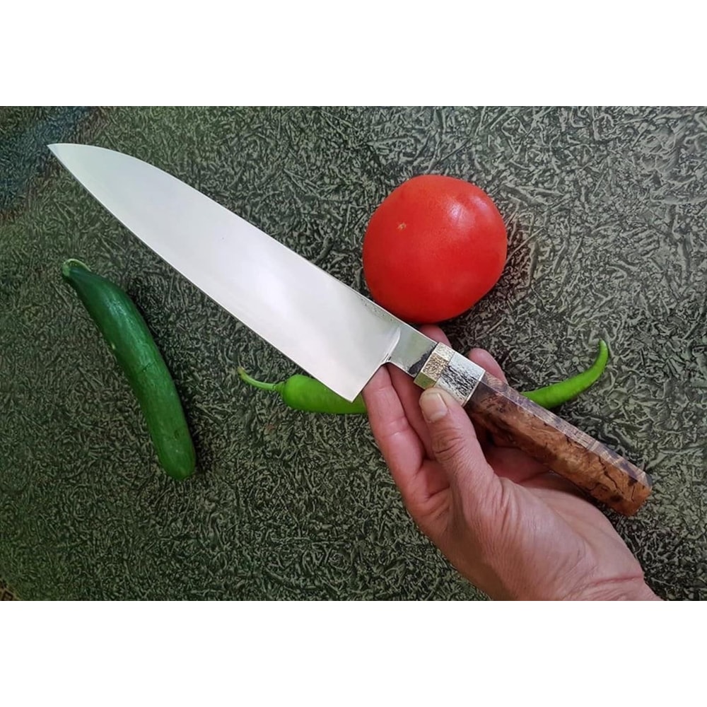 Handmade 1075 Carbon Steel XL Chef Knife Chestnut Wood Stag Horn Handle 7