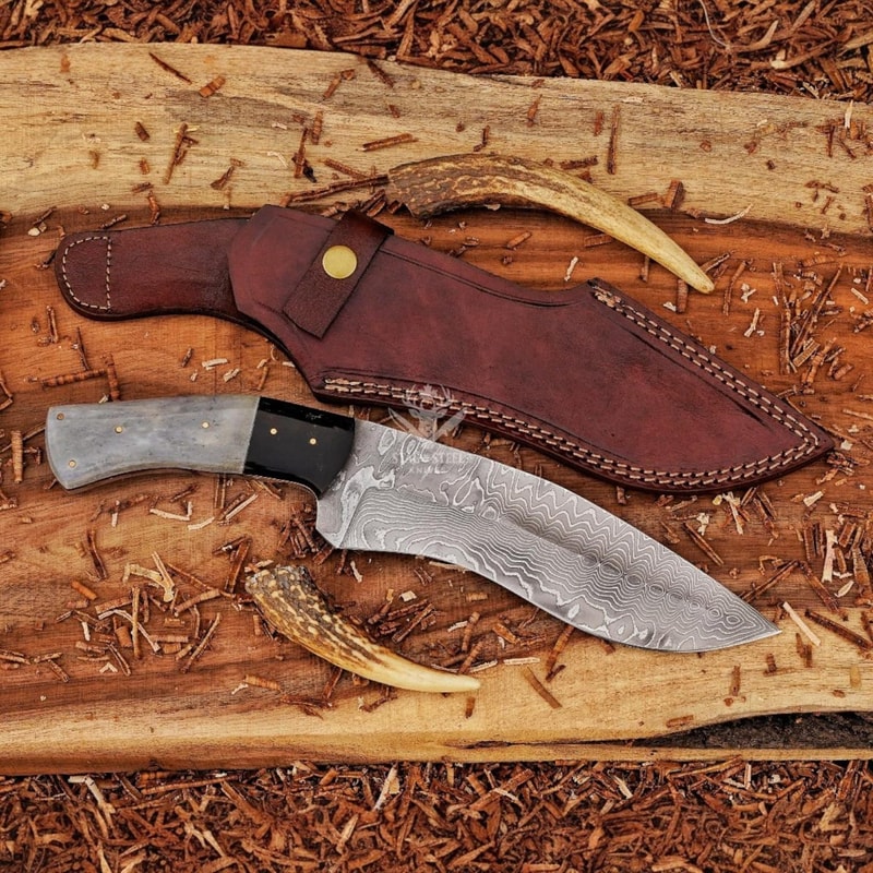 Handmade Damascus Bowie Knife With Tinted Camel Bone Handle 0