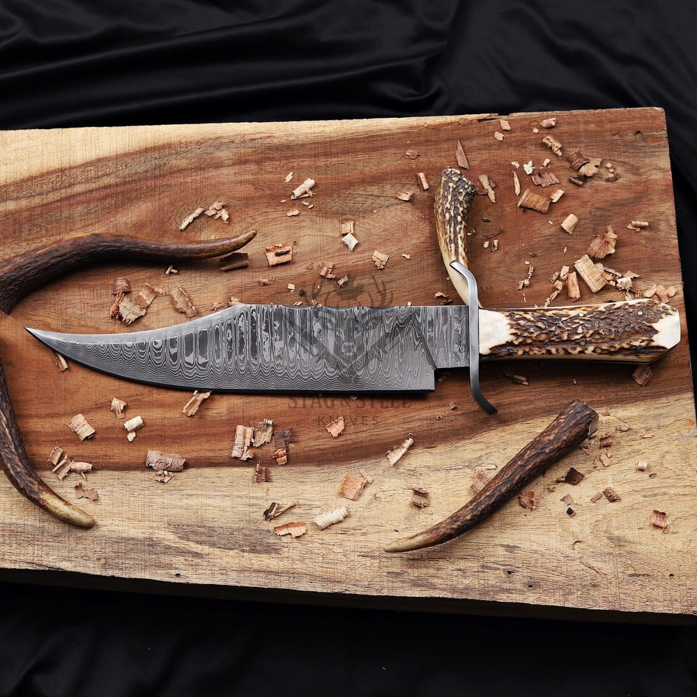 Juan Padillo Damascus Bowie Knife Antler Handle Full Tang Hunting Knife 1