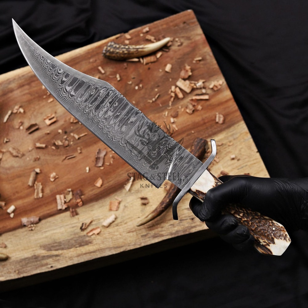 Juan Padillo Damascus Bowie Knife Antler Handle Full Tang Hunting Knife 6