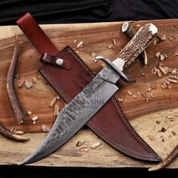 juan padillo damascus bowie knife antler handle full tang hunting knife