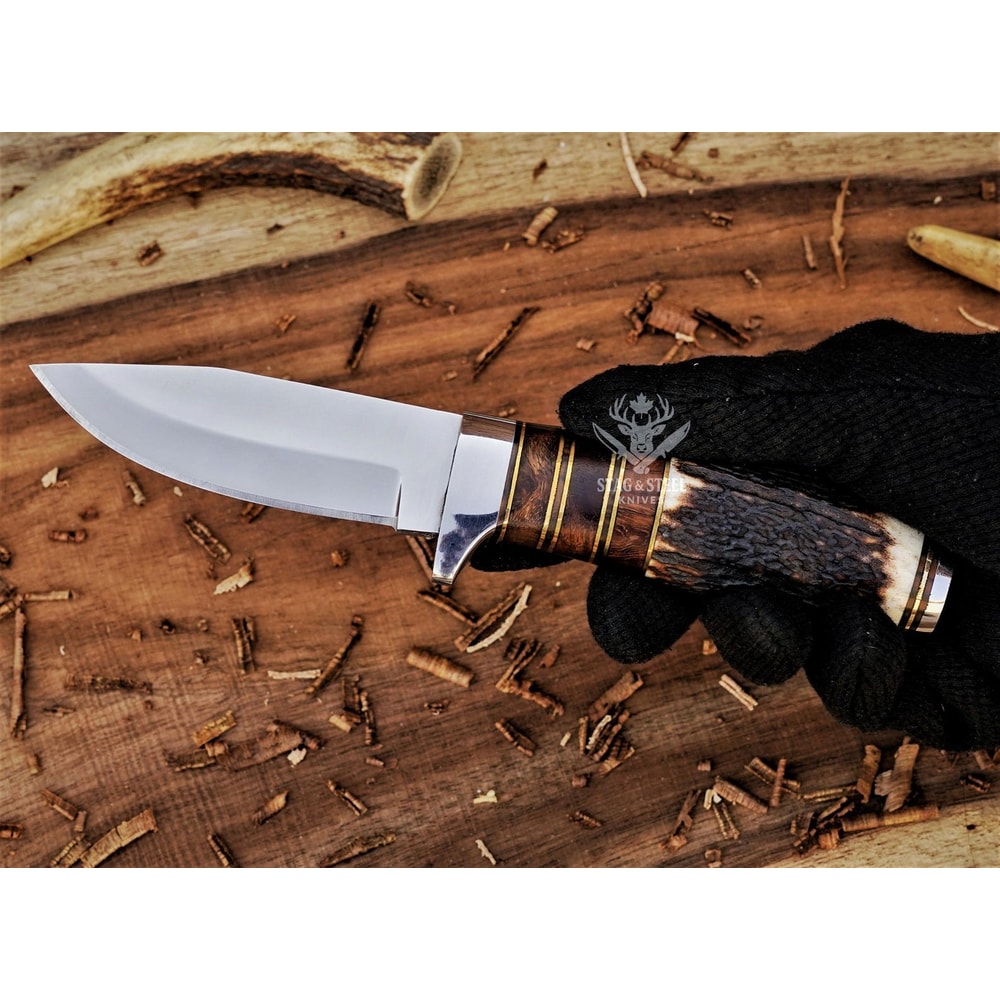 Handmade D2 Steel Hunting Knife Rosewood Stag Horn Camel Bone Handle 3
