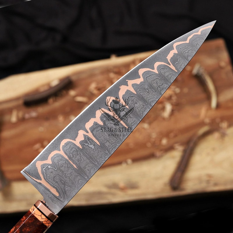 Handmade Copper Damascus Chef Knife With Resin Carbon Fiber Handle Kitchen Cutter 1