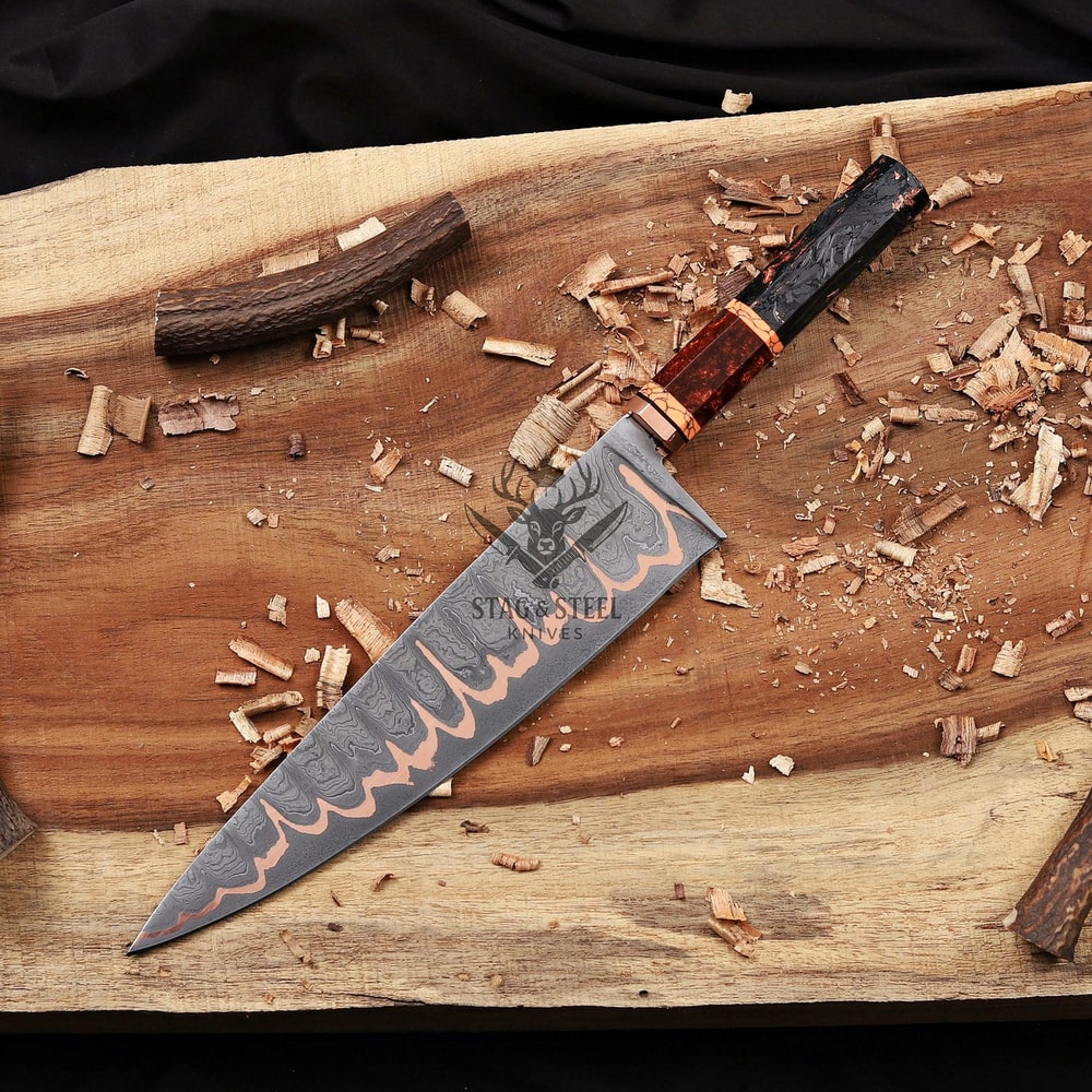 Handmade Copper Damascus Chef Knife With Resin Carbon Fiber Handle Kitchen Cutter 3