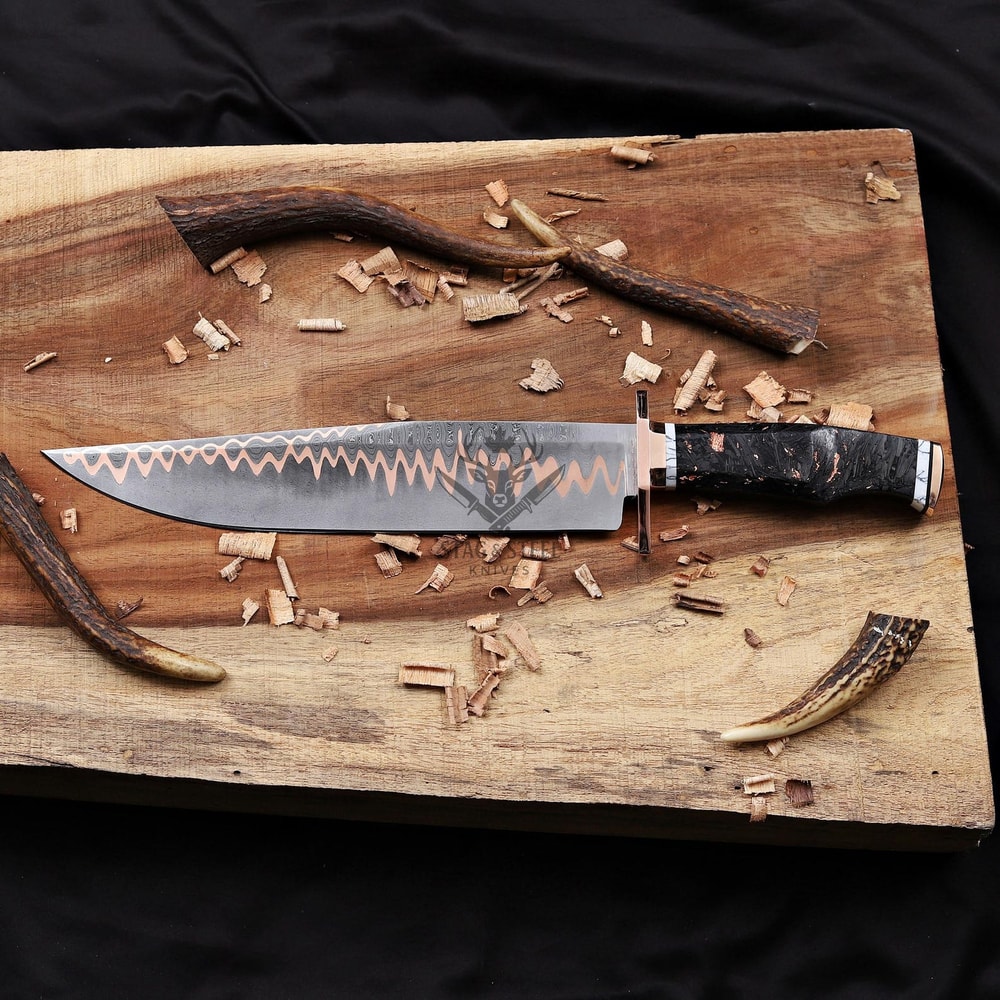 Copper Damascus Bowie Knife 11 Blade With Carbon Fiber Handle Copper Guard Hunting Knife 2