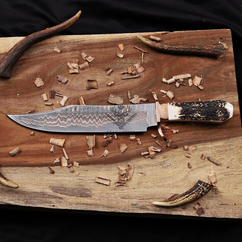 Copper Damascus Bowie Knife Full Tang With Stag Handle Handmade Hunting Knife 4