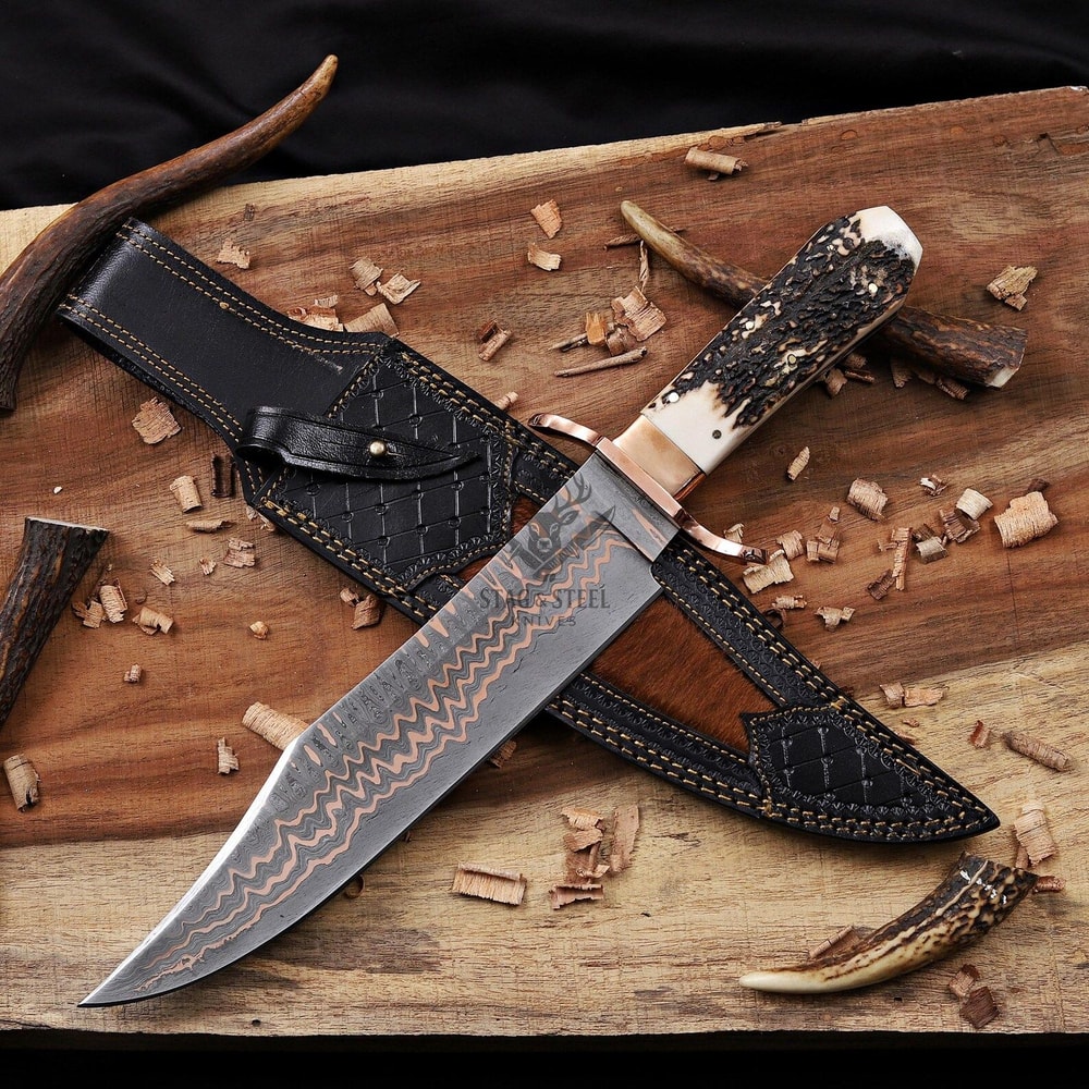 Copper Damascus Bowie Knife Full Tang With Stag Handle Handmade Hunting Knife 0
