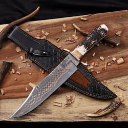 copper damascus bowie knife full tang with stag handle handmade hunting knife