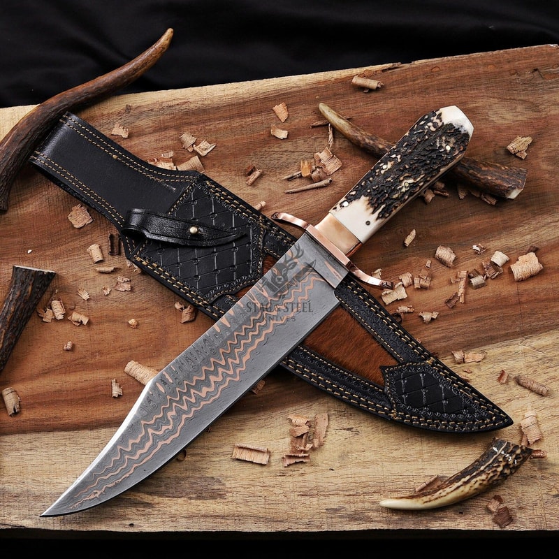 Copper Damascus Bowie Knife Full Tang With Stag Handle Handmade Hunting Knife 0