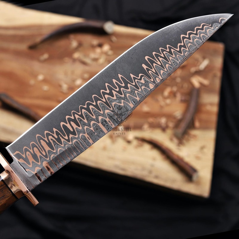 Handmade Copper Damascus Bowie Knife With Full Tang Stag Handle Hunting Blade 1