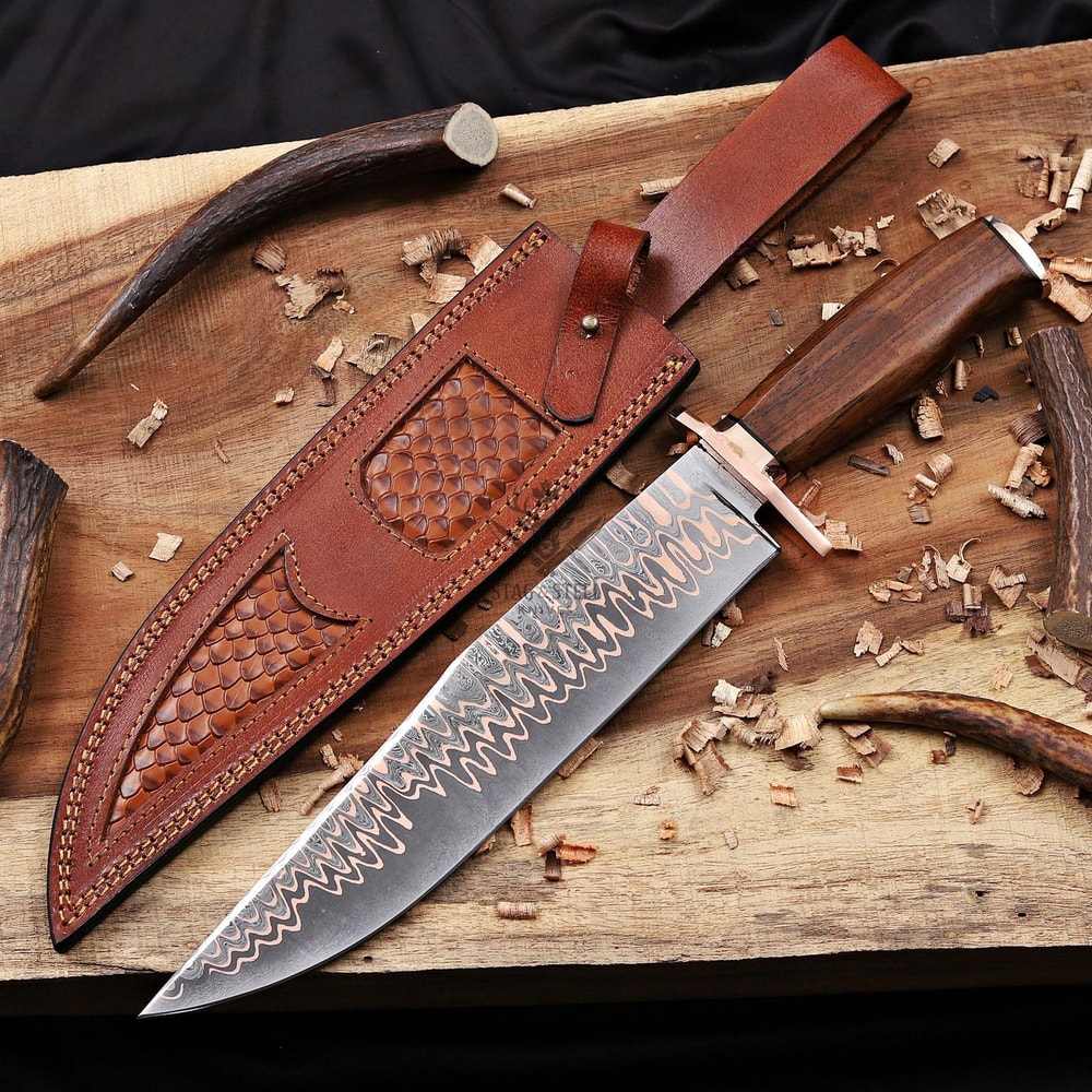 Handmade Copper Damascus Bowie Knife With Full Tang Stag Handle Hunting Blade 0