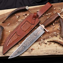 handmade copper damascus bowie knife with full tang stag handle hunting blade