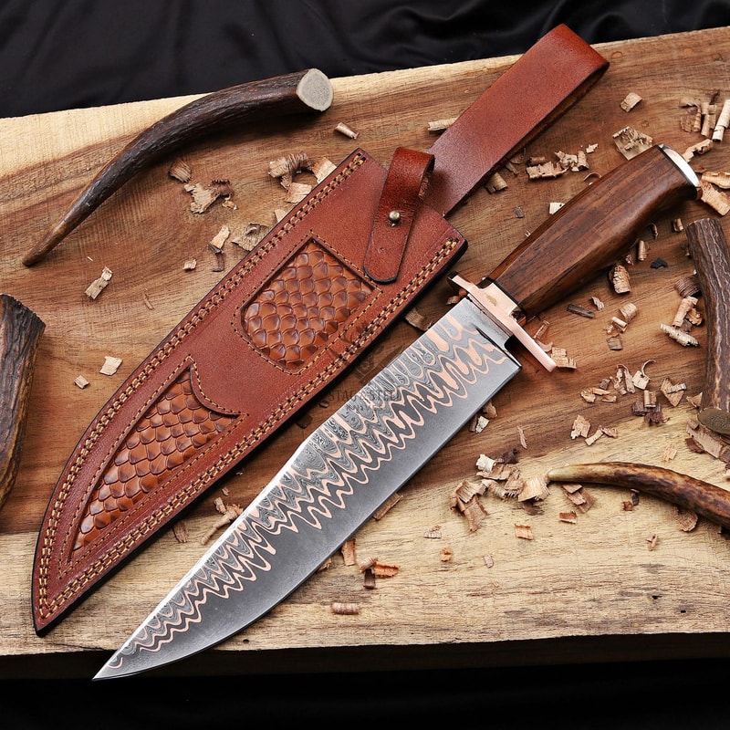 Handmade Copper Damascus Bowie Knife With Full Tang Stag Handle Hunting Blade 0