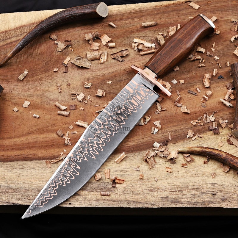 Handmade Copper Damascus Bowie Knife With Full Tang Stag Handle Hunting Blade 4