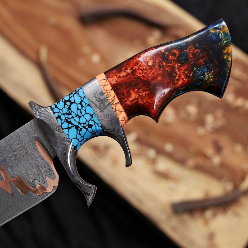 Copper Damascus Bowie Knife With Turquoise Resin Handle Handmade Hunting Blade 1