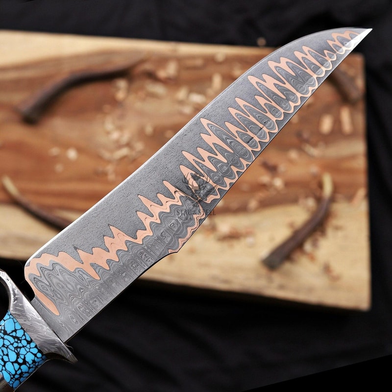 Copper Damascus Bowie Knife With Turquoise Resin Handle Handmade Hunting Blade 2