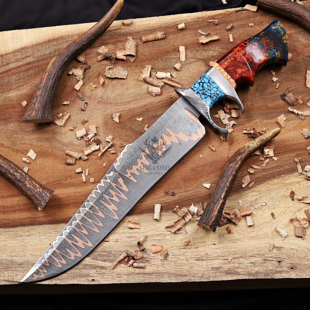 Copper Damascus Bowie Knife With Turquoise Resin Handle Handmade Hunting Blade 6