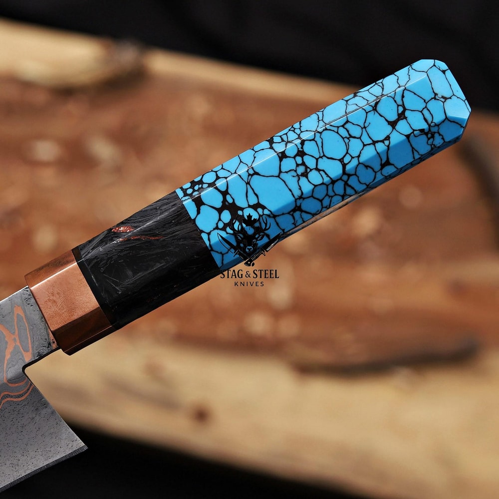 Handmade Copper Damascus Bowie Knife Turquoise Resin Hunting Display Knife 1