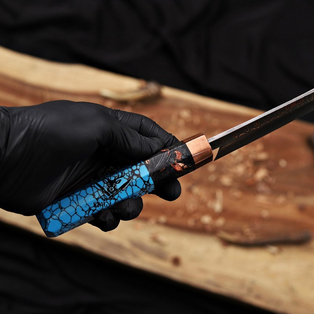 Handmade Copper Damascus Bowie Knife Turquoise Resin Hunting Display Knife 2