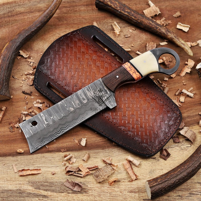 Damascus Cowboy Knife 4 Bull Cutter Blade With Pancake Leather Sheath Handmade Knife 0