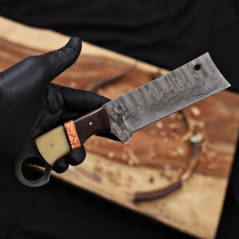 Damascus Cowboy Knife 4 Bull Cutter Blade With Pancake Leather Sheath Handmade Knife 5