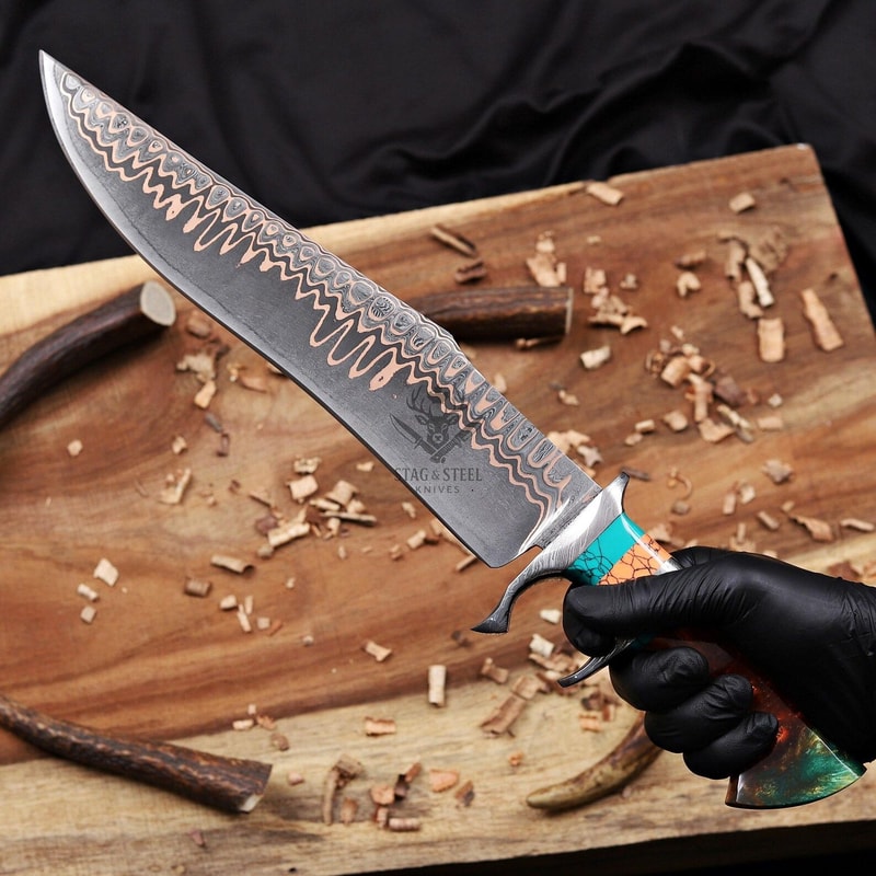 Handmade Damascus Bowie Knife With Double Guard Turquoise Resin Handle 1