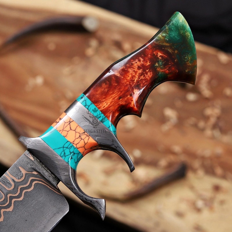 Handmade Damascus Bowie Knife With Double Guard Turquoise Resin Handle 3