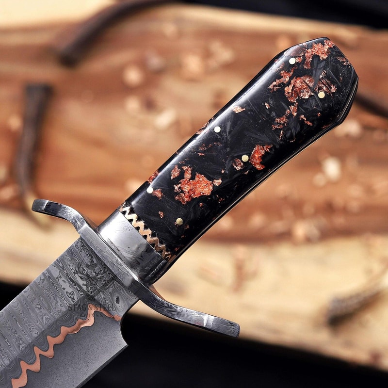 Custom Damascus Bowie Hunting Knife With Double Guard Turquoise Resin Handle 1