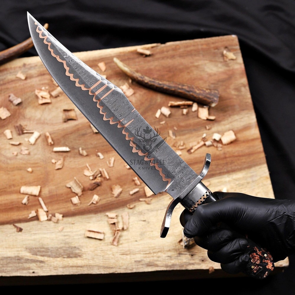 Custom Damascus Bowie Hunting Knife With Double Guard Turquoise Resin Handle 3