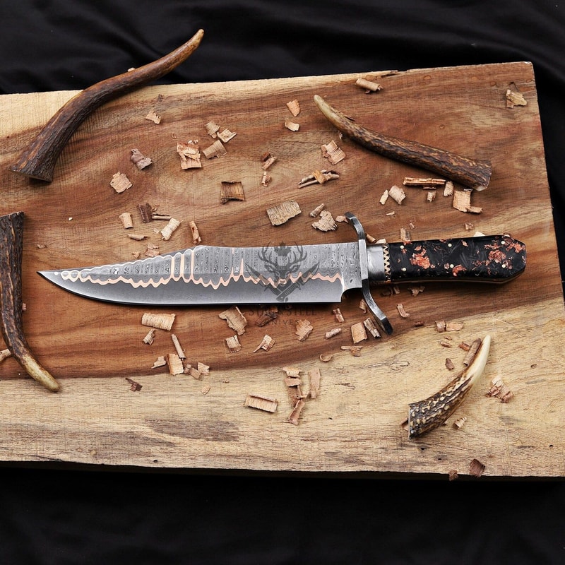 Custom Damascus Bowie Hunting Knife With Double Guard Turquoise Resin Handle 4