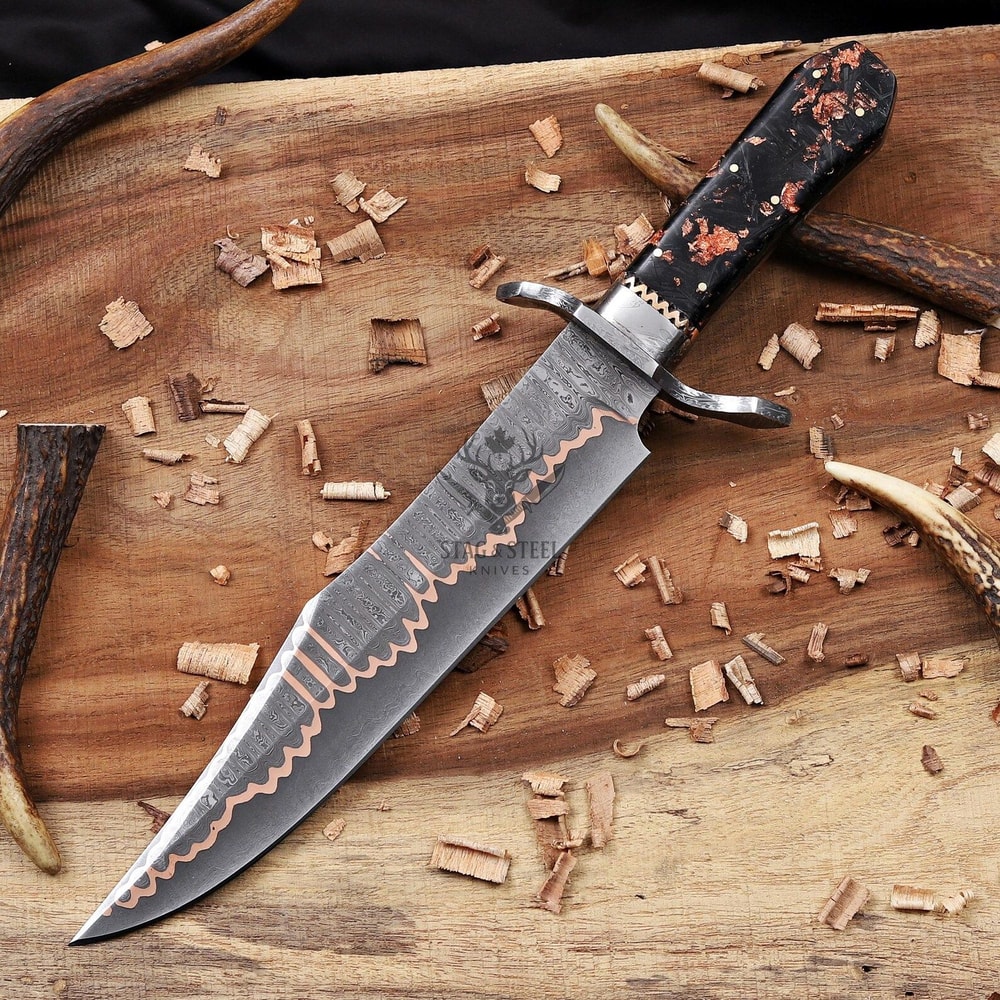 Custom Damascus Bowie Hunting Knife With Double Guard Turquoise Resin Handle 5