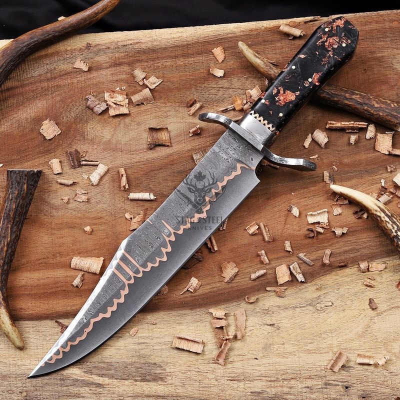 Custom Damascus Bowie Hunting Knife With Double Guard Turquoise Resin Handle 5