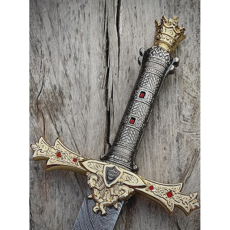 Hand Forged Damascus Style Sword With Silver Finish Handle And Leather Scabbard 2