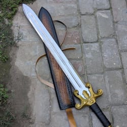 handmade high carbon steel fantasy sword with rosewood handle & leather grip display blade