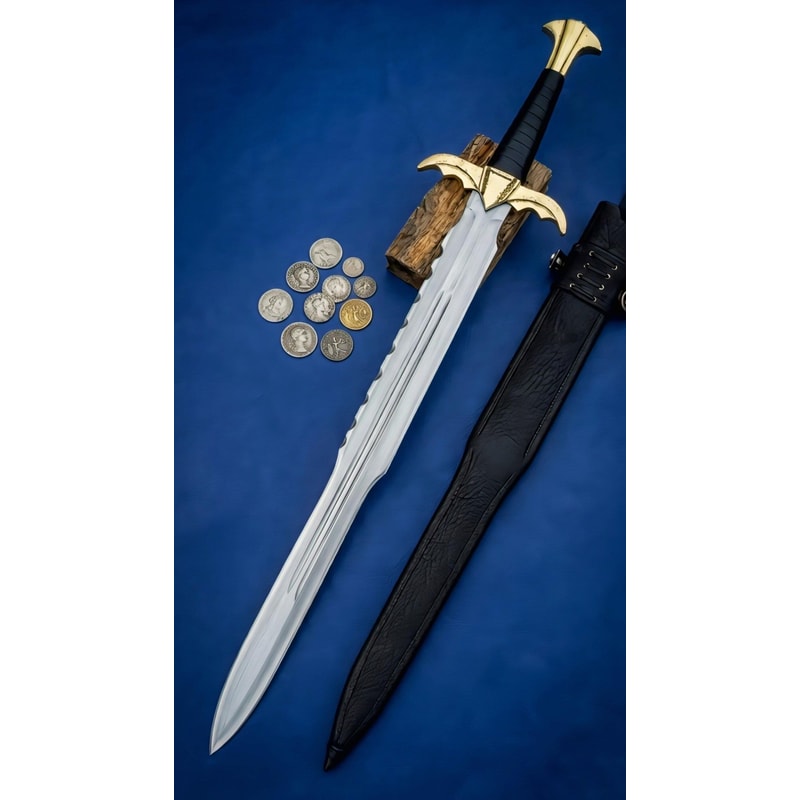 Medieval Style Spartan Dagger Polished Steel Blade With Brass Guard Leather Scabbard 0