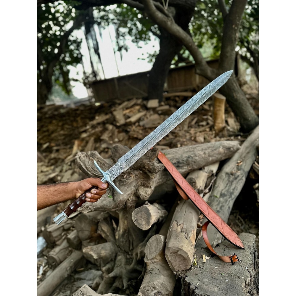 Hand Forged Damascus Steel Viking Sword Rosewood Handle Leather Sheath Gift For Collectors 0