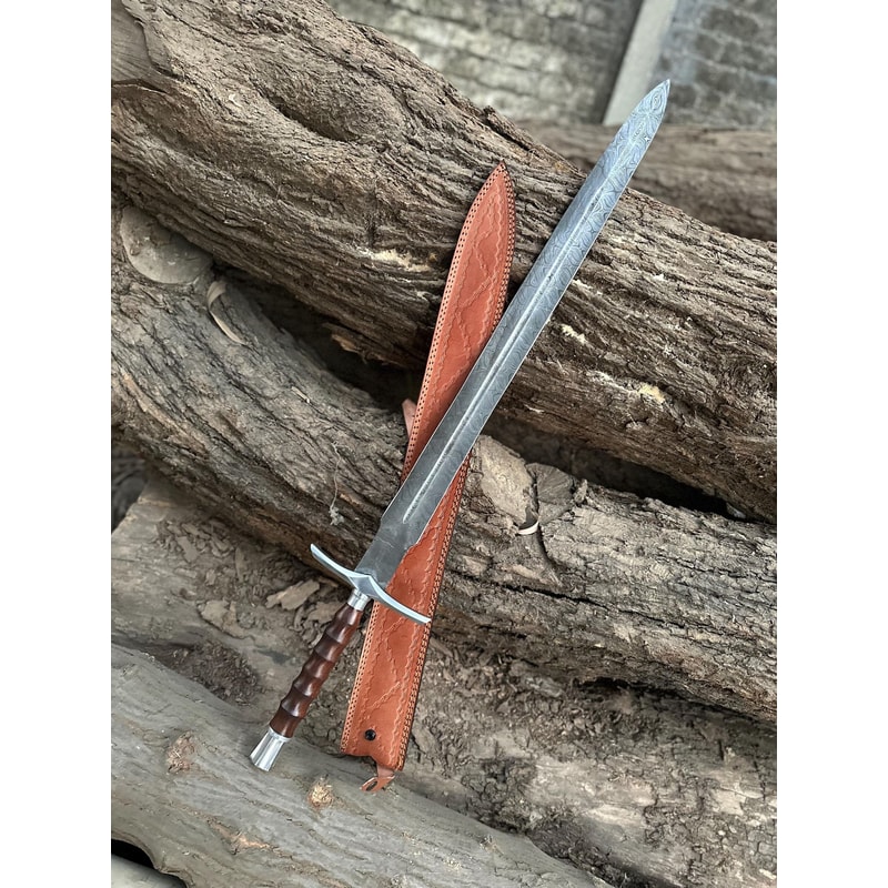 Hand Forged Damascus Steel Viking Sword Rosewood Handle Leather Sheath Gift For Collectors 2