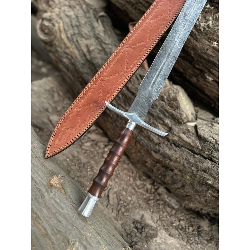Hand Forged Damascus Steel Viking Sword Rosewood Handle Leather Sheath Gift For Collectors 3