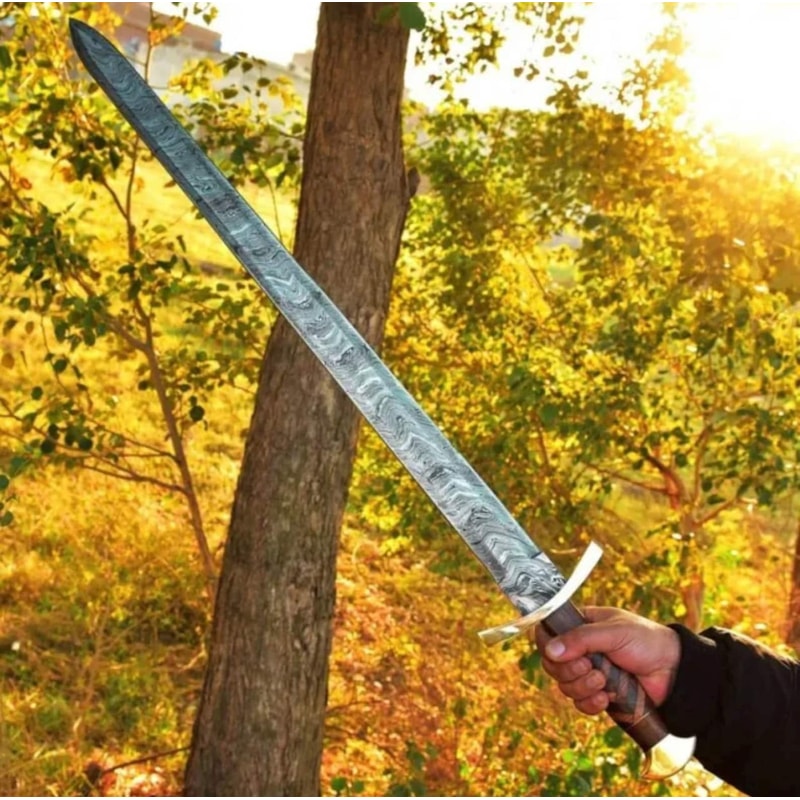 Hand Forged Damascus Steel Viking Sword With Rosewood Handle Leather Sheath 1
